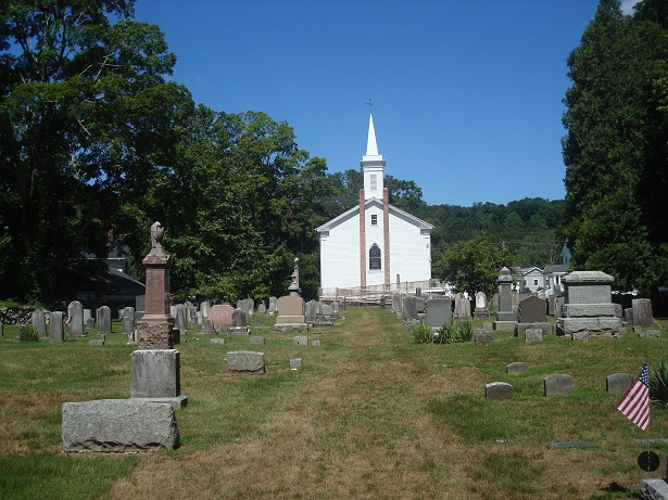 View of the cemetery and church